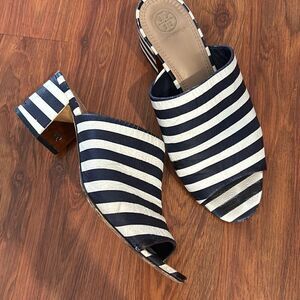 Tory Burch navy and whites striped mules peep toe size 7 1/2